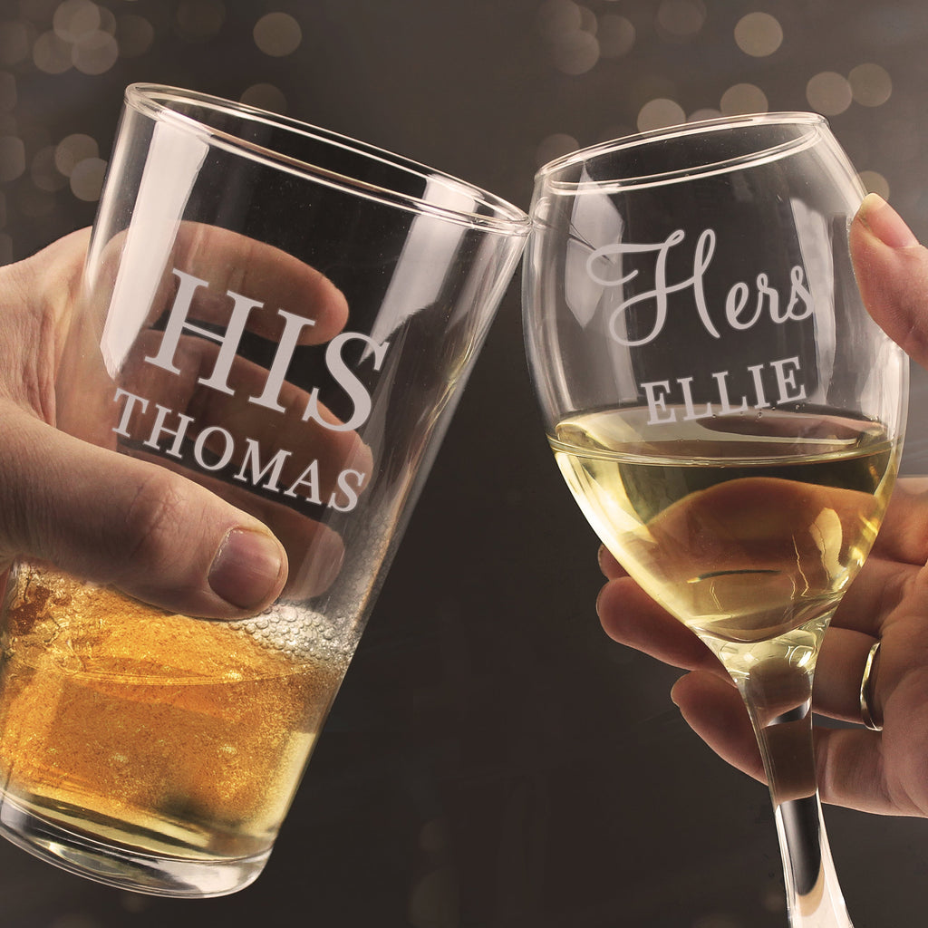 Personalised His & Her Pint and Wine Glass Set - Shop Wine Glasses At Gift Moments - 1