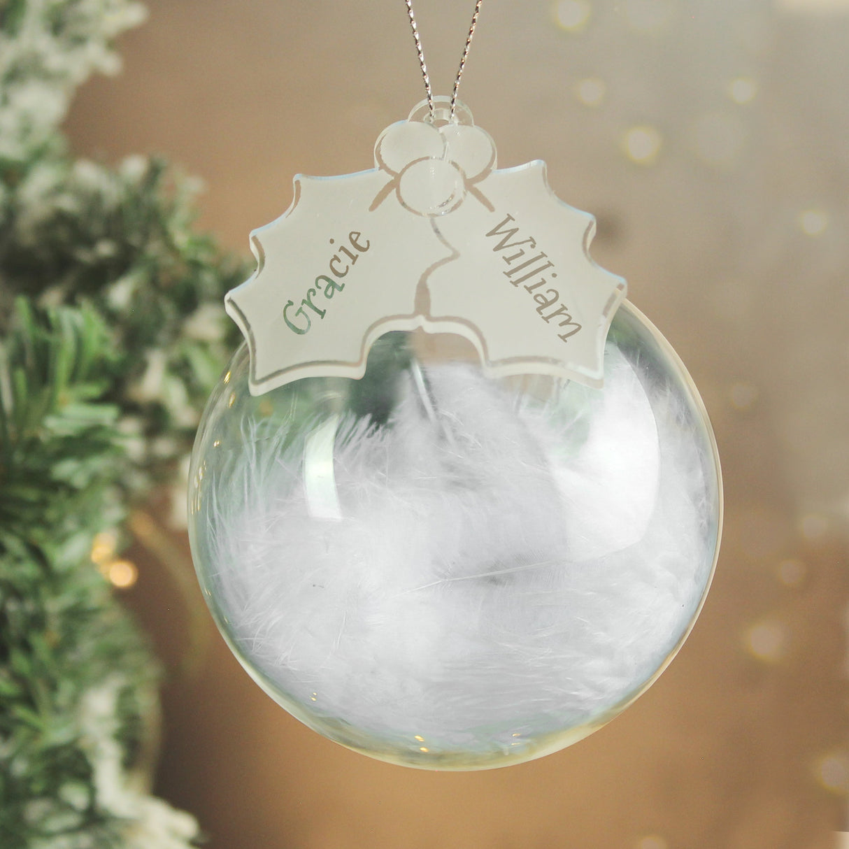 Personalised Holly Acrylic White Feather Bauble: 2 - Christmas Baubles By Gift Moments