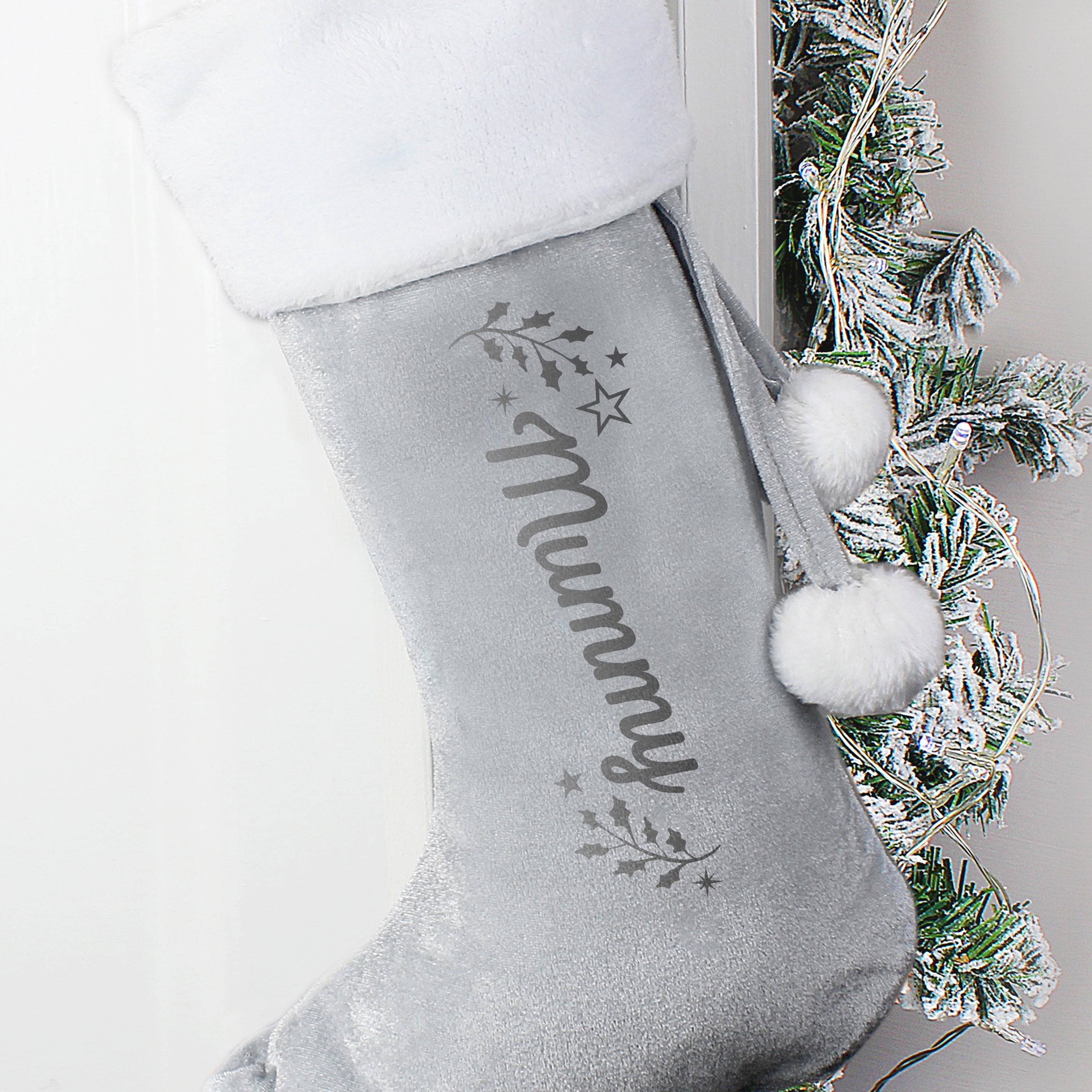 Personalised Holly Grey Christmas Stocking - Shop Christmas Stockings At Gift Moments - 4
