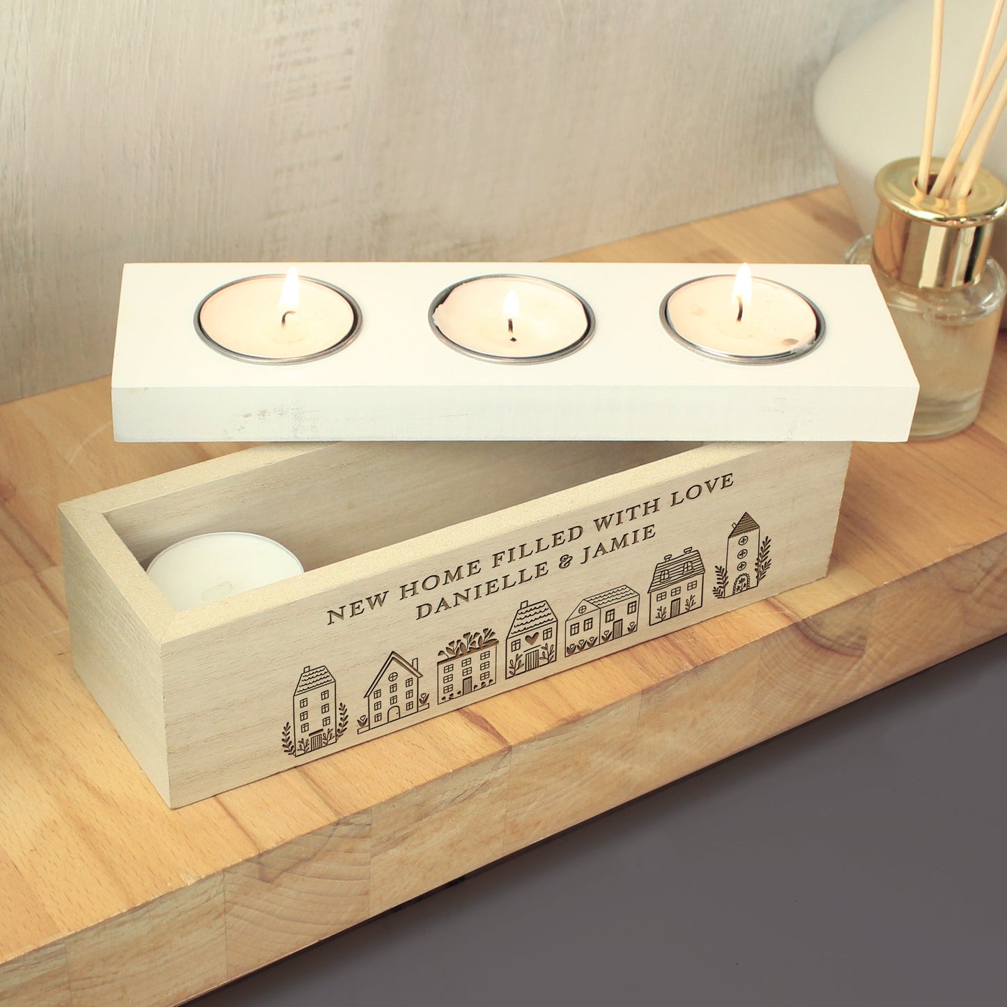Personalised HOME Triple Tea Light Box: 1 - Candle Holders By Gift Moments