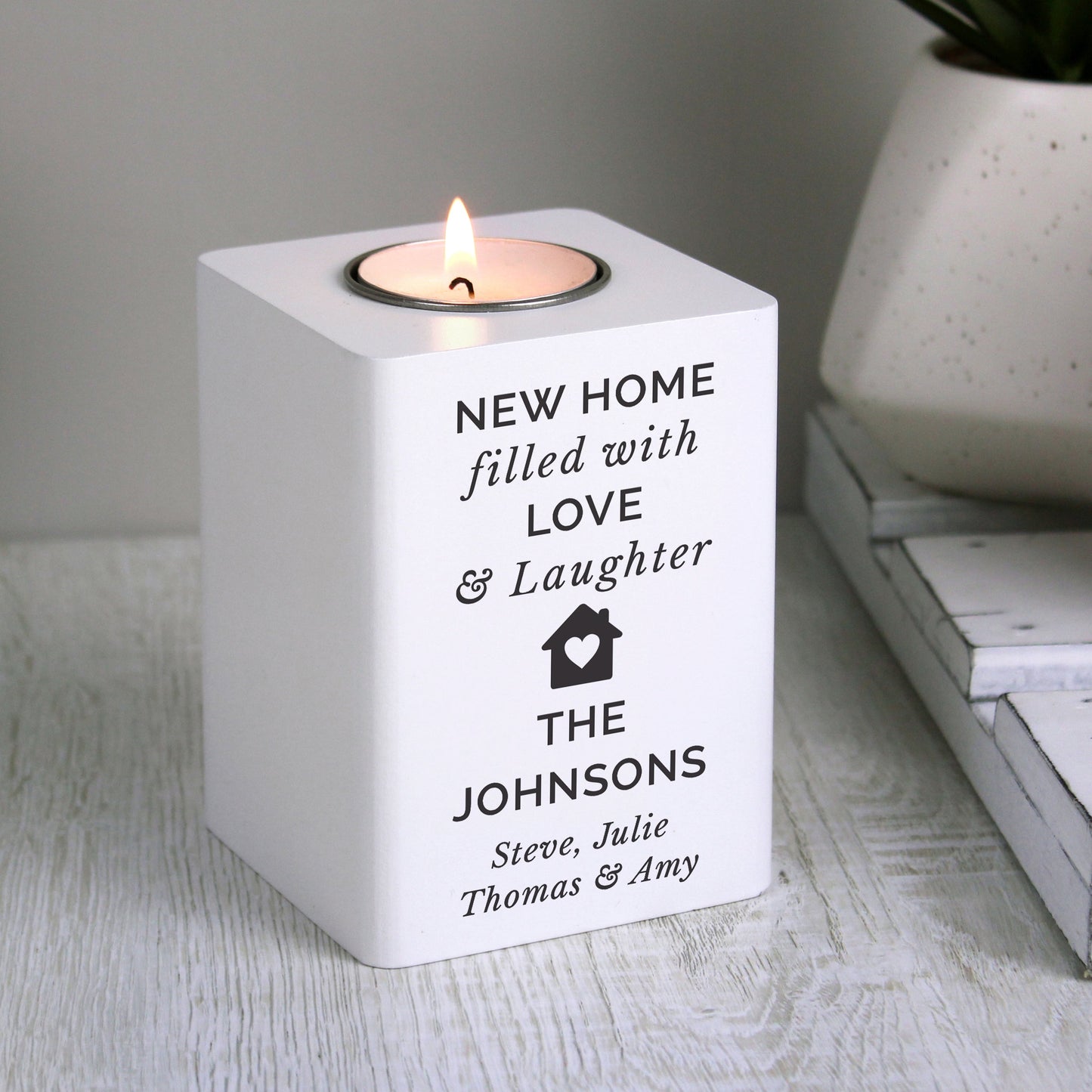 Personalised Home White Wooden Tea light Holder: 2 - Candle Holders By Gift Moments