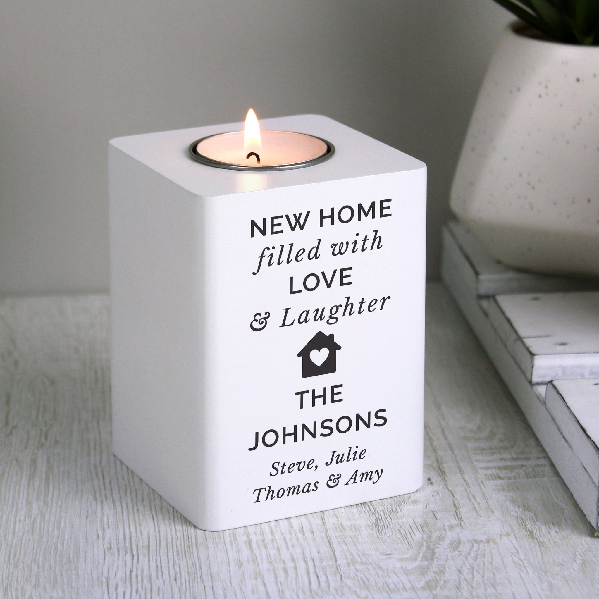 Personalised Home White Wooden Tea light Holder: 2 - Candle Holders By Gift Moments
