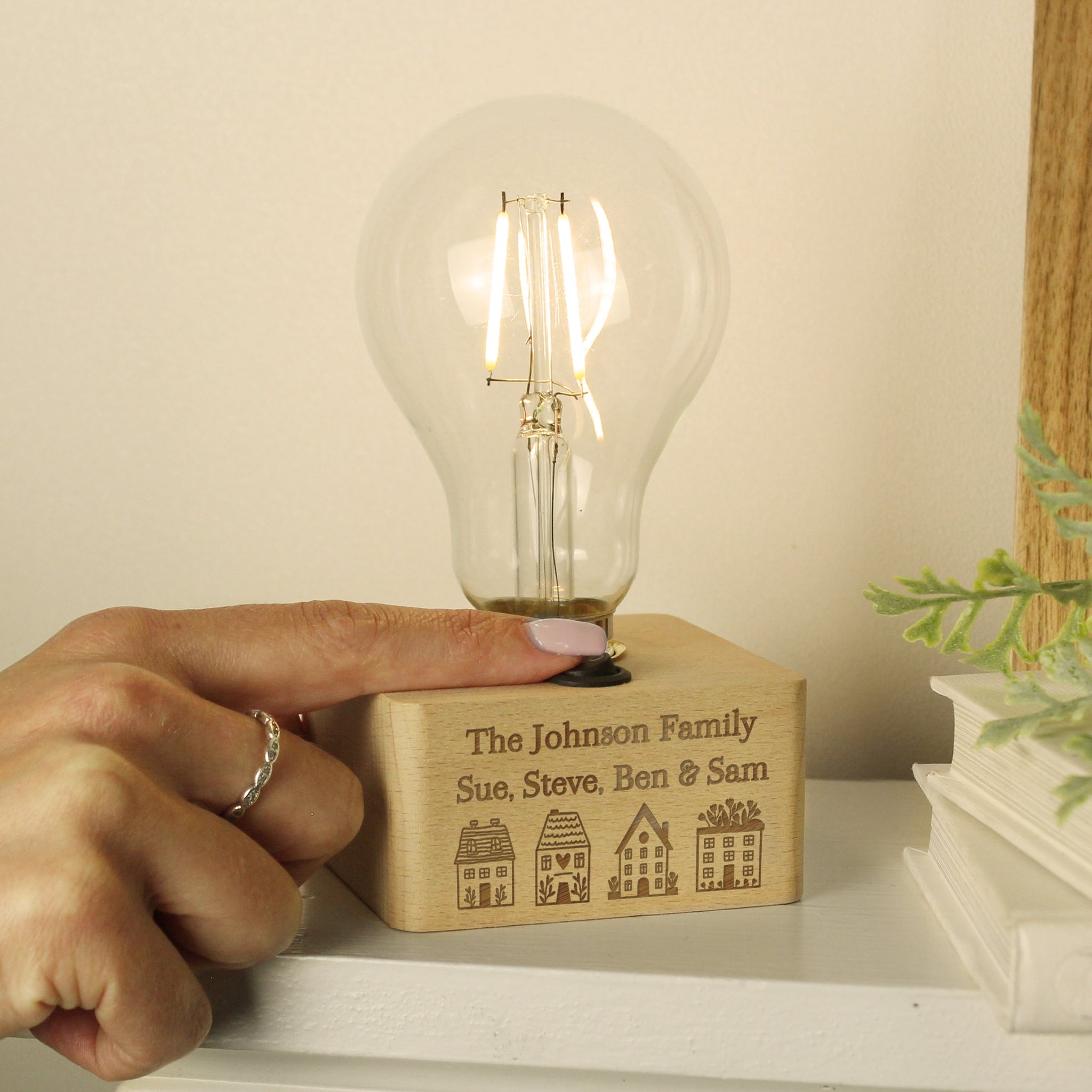 Personalised Home Wooden Bulb Light: 4 - LED Lighting By Gift Moments