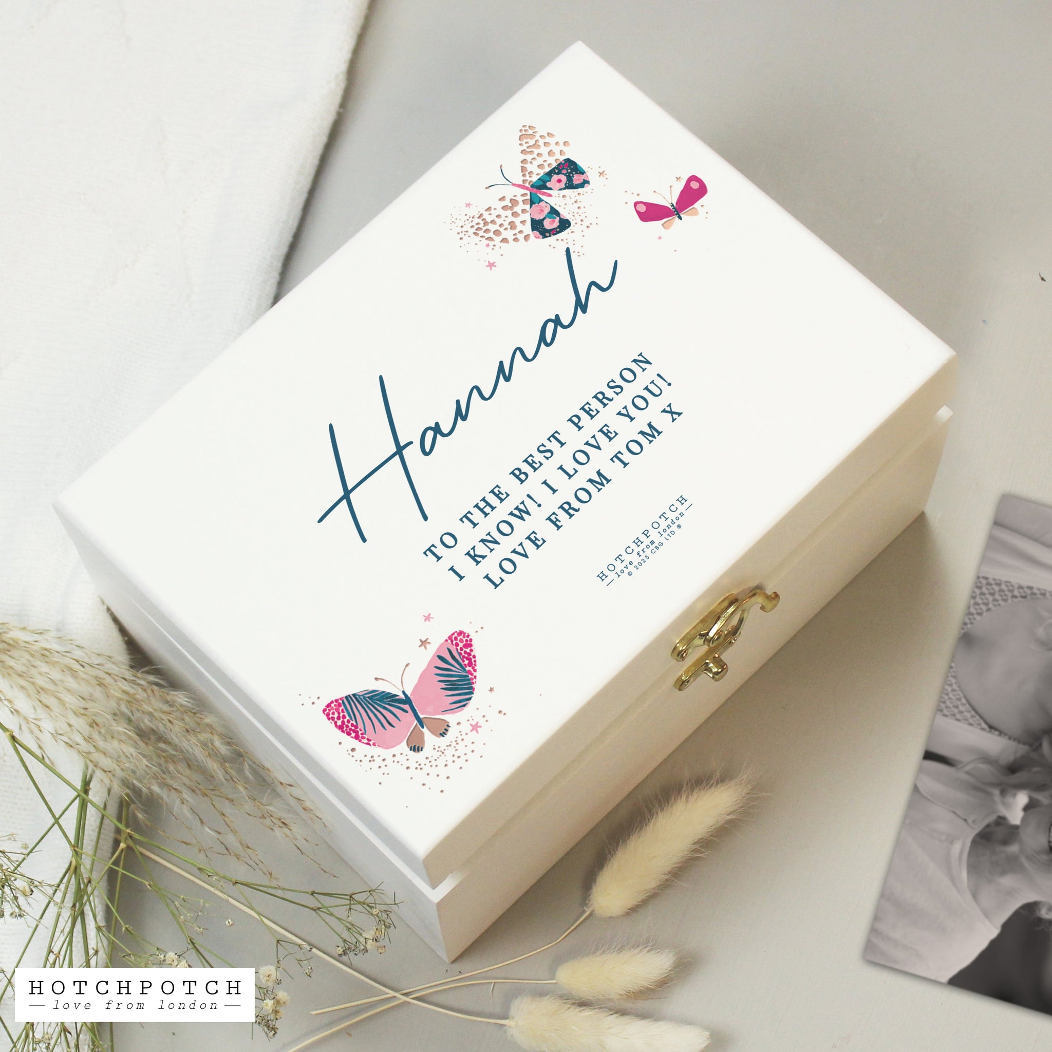 Personalised Hotchpotch Butterfly White Wooden Keepsake Box: 1 - Keepsake Boxes By Gift Moments