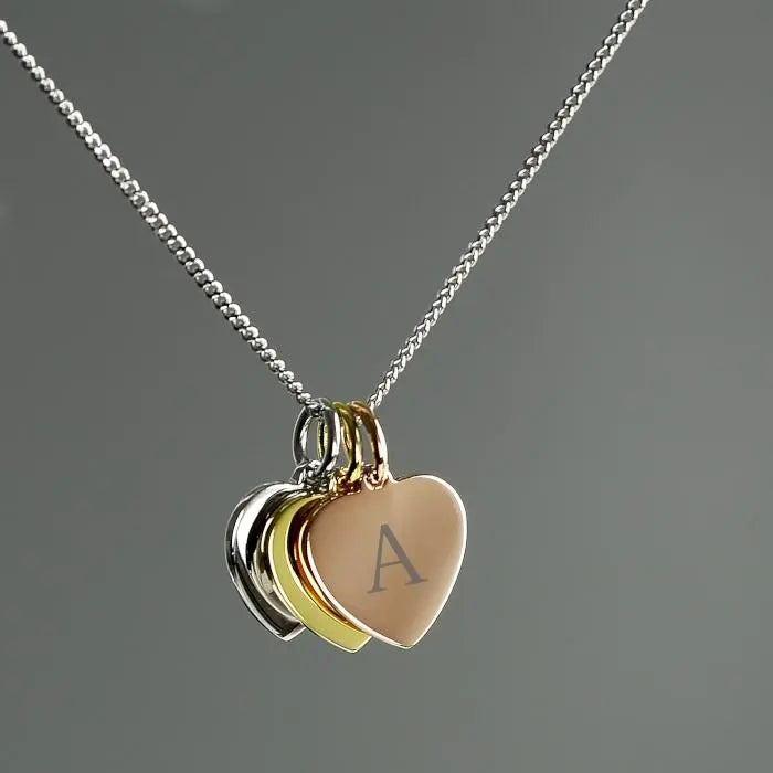 Personalised Initials Gold Rose Gold and Silver 3 Hearts Necklace: 2 - Necklaces By Gift Moments