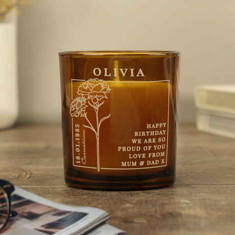 Personalised January Birth Flower Amber Glass Candle: 7 - Candles By Gift Moments