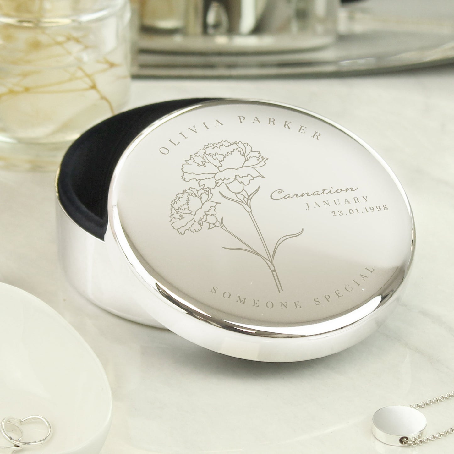 Personalised January Birth Flower Round Trinket Box: 3 - Trinket Boxes By Gift Moments