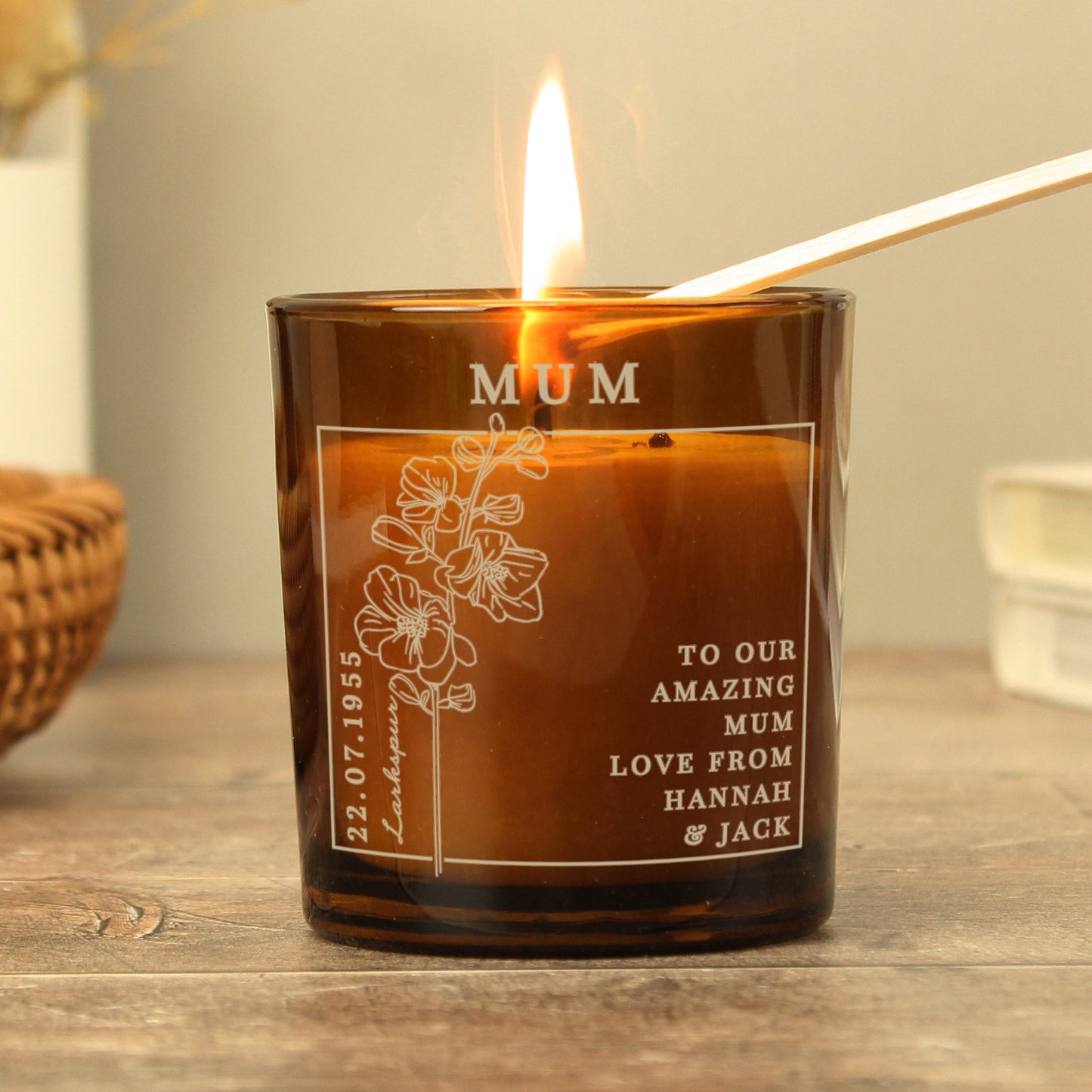 Personalised July Birth Flower Amber Glass Candle: 3 - Candles By Gift Moments