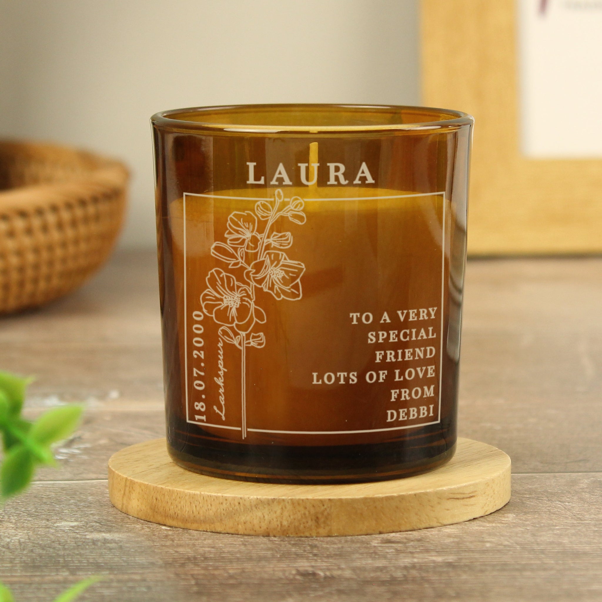 Personalised July Birth Flower Amber Glass Candle: 2 - Candles By Gift Moments