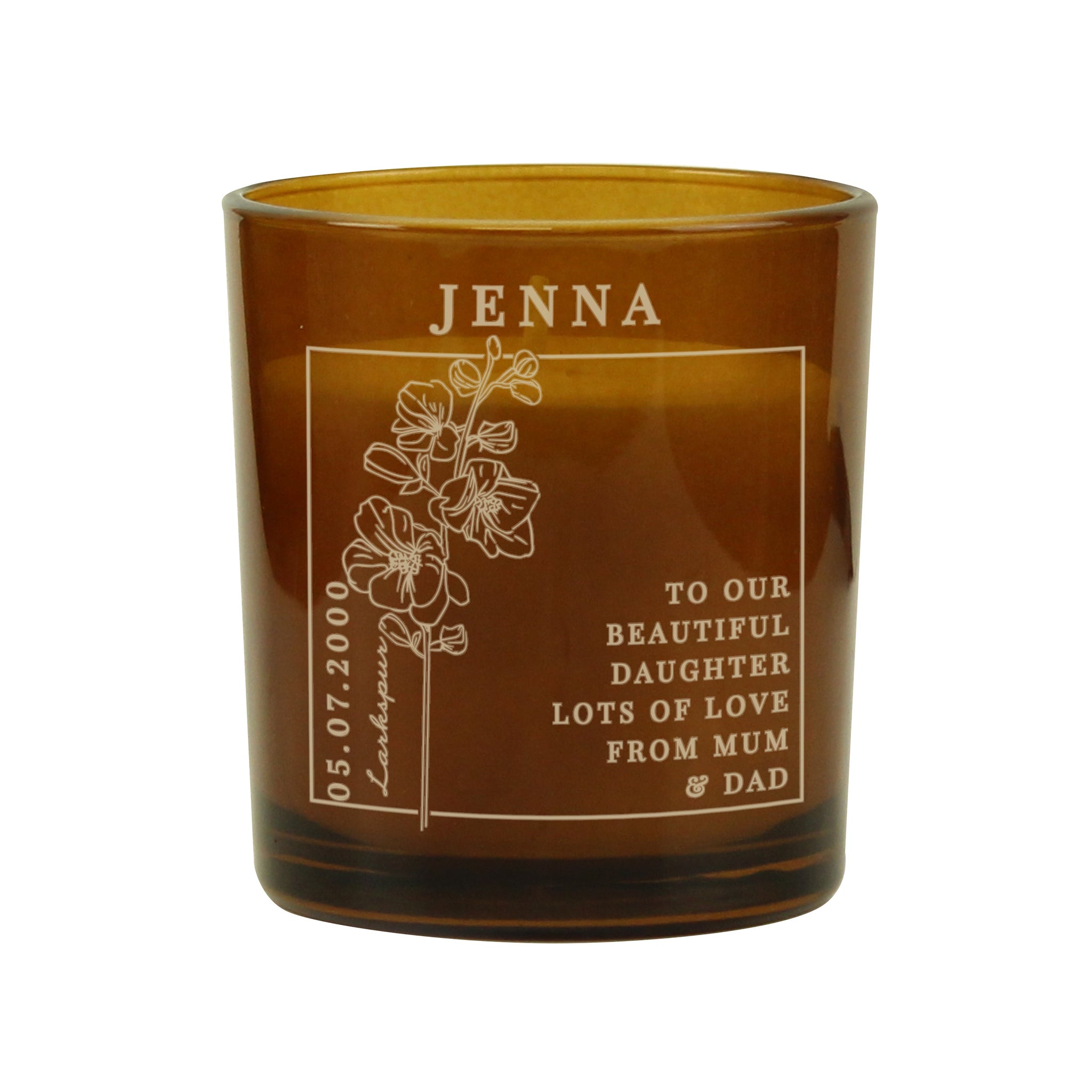 Personalised July Birth Flower Amber Glass Candle: 5 - Candles By Gift Moments