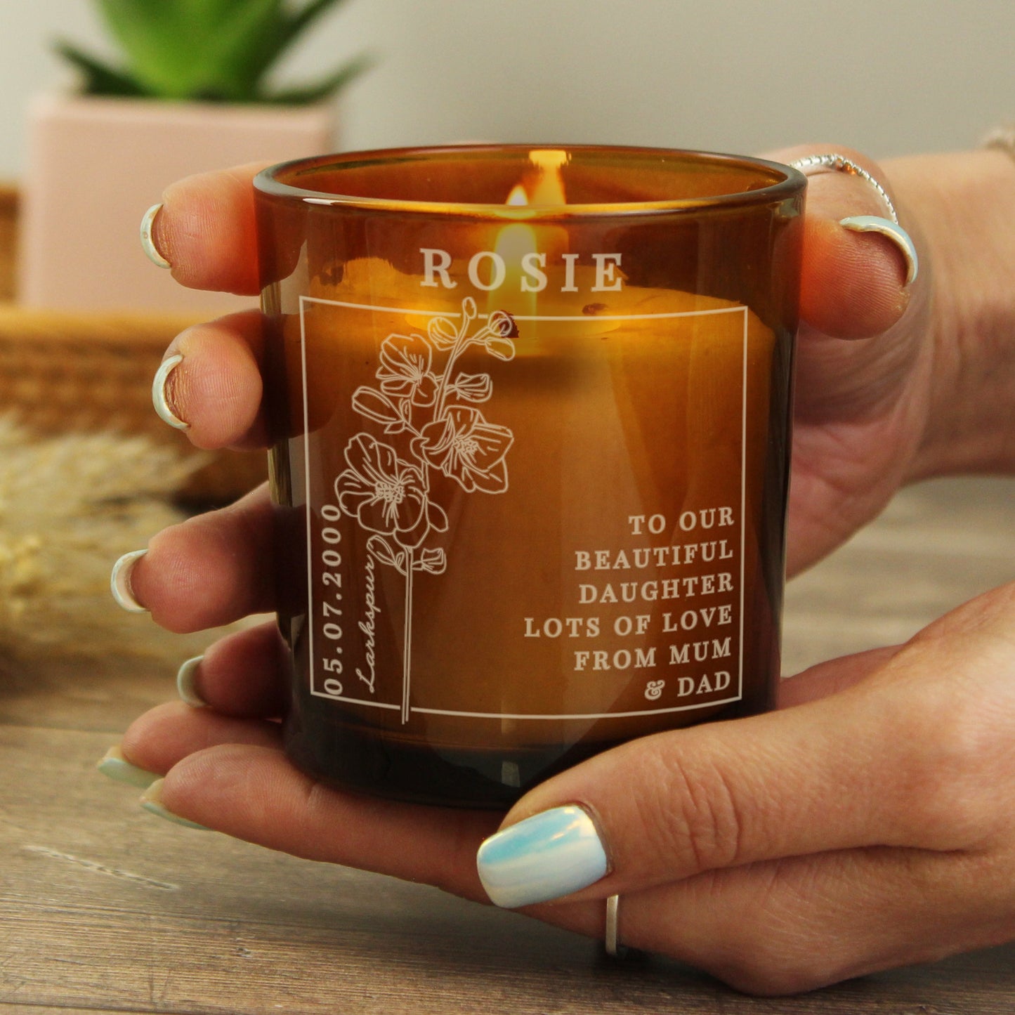 Personalised July Birth Flower Amber Glass Candle: 4 - Candles By Gift Moments