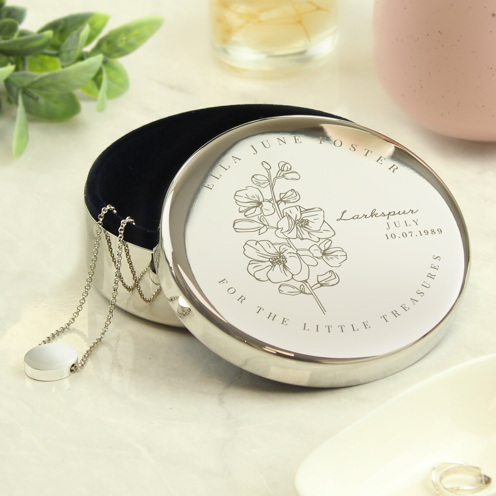 Personalised July Birth Flower Round Trinket Box: 1 - Trinket Boxes By Gift Moments