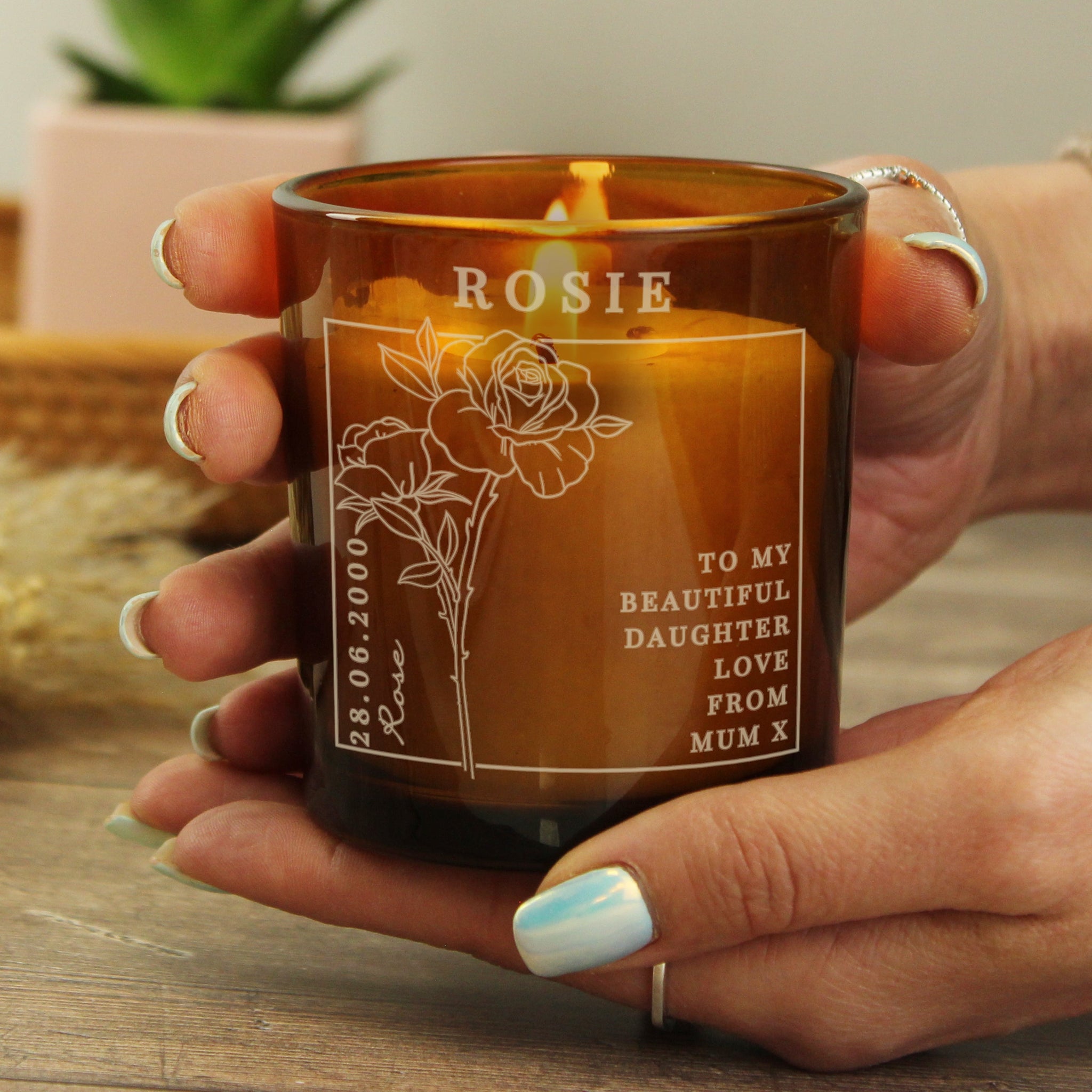 Personalised June Birth Flower Amber Glass Candle: 4 - Candles By Gift Moments