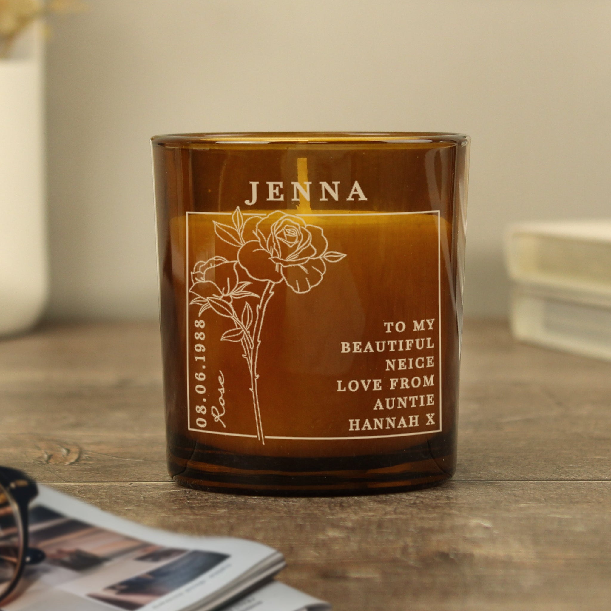 Personalised June Birth Flower Amber Glass Candle: 6 - Candles By Gift Moments