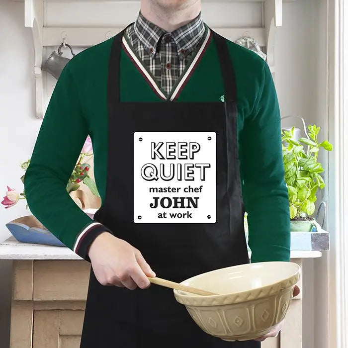 Personalised Keep Quiet Black Apron: 1 - Aprons By Gift Moments