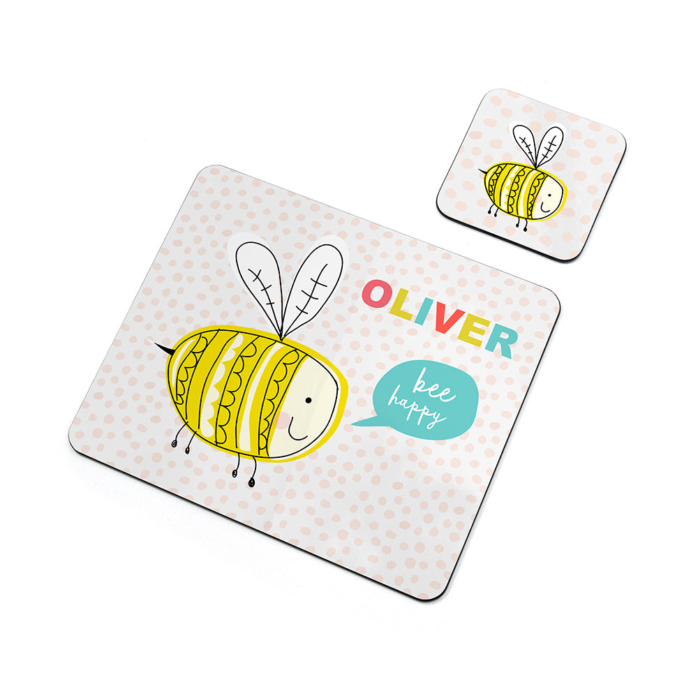 Personalised Kid’s Bee Happy Placemat & Coaster Set: 3 - Placemats By Gift Moments