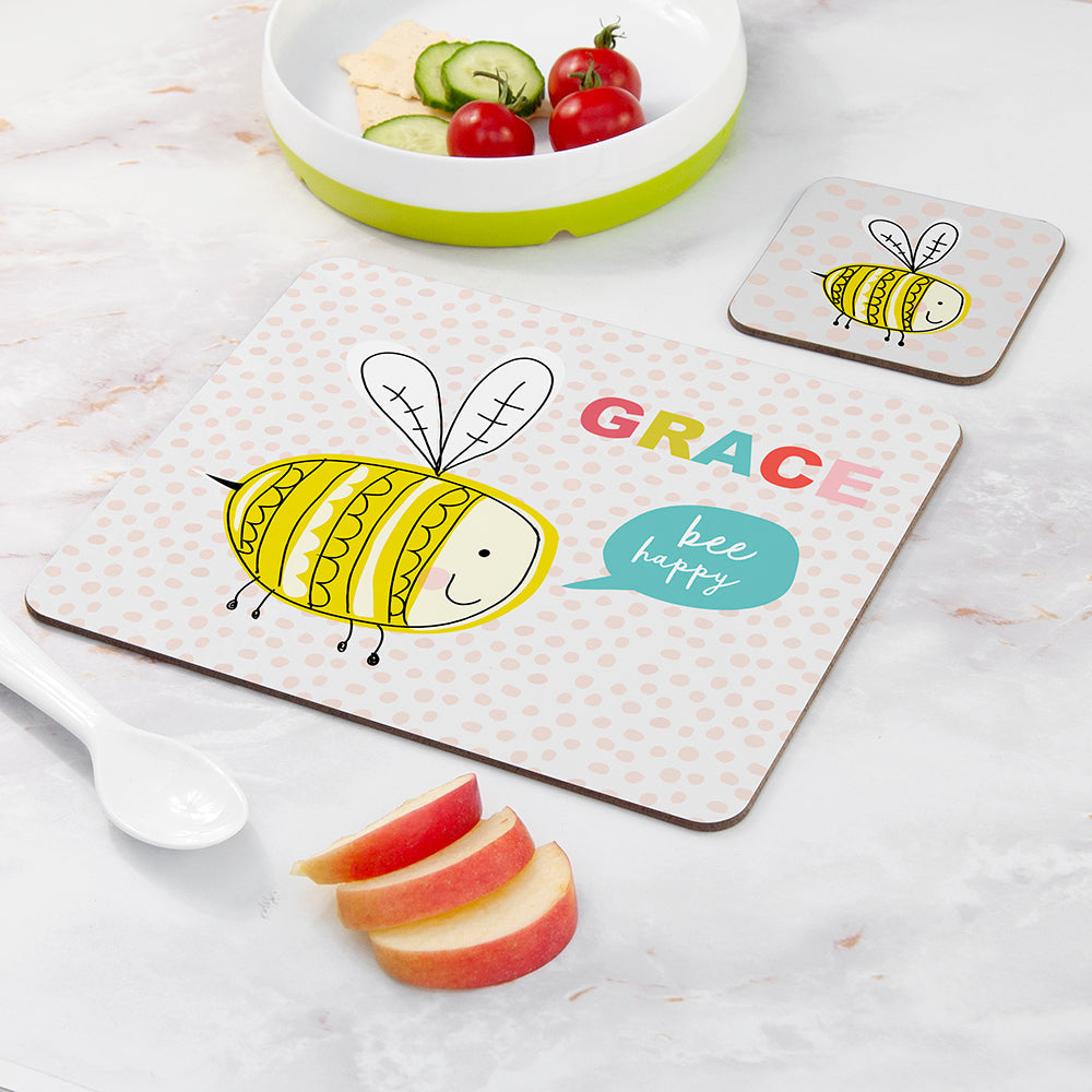 Personalised Kid’s Bee Happy Placemat & Coaster Set: 2 - Placemats By Gift Moments