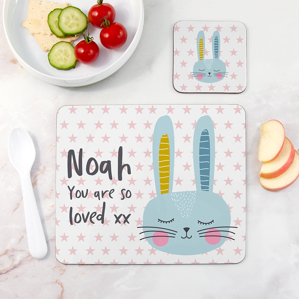 Personalised Kid’s Bunny Placemat & Coaster Sets: 2 - Blue - Placemats By Gift Moments