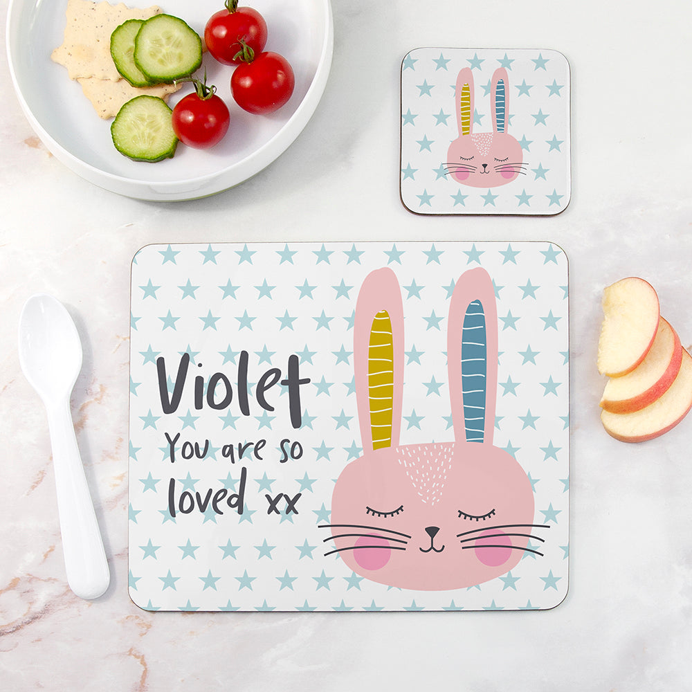 Personalised Kid’s Bunny Placemat & Coaster Sets: 1 - Pink - Placemats By Gift Moments