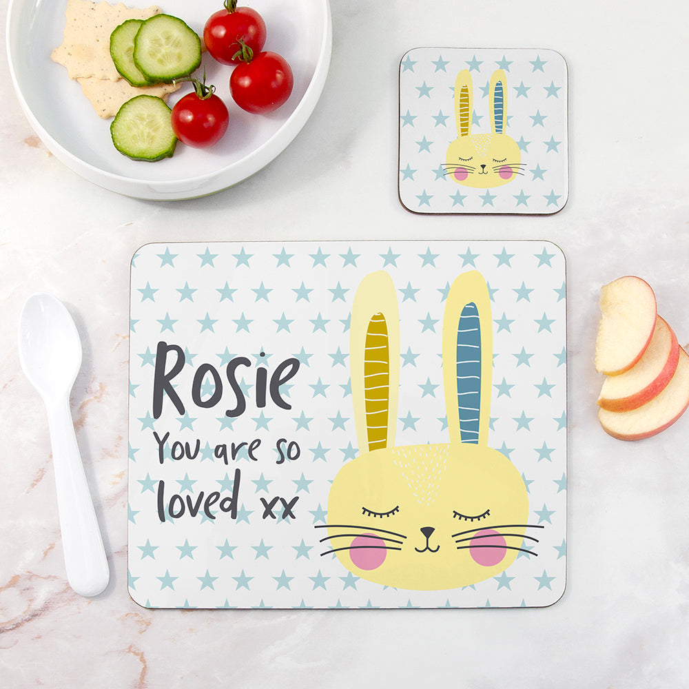 Personalised Kid’s Bunny Placemat & Coaster Sets: 4 - Yellow - Placemats By Gift Moments