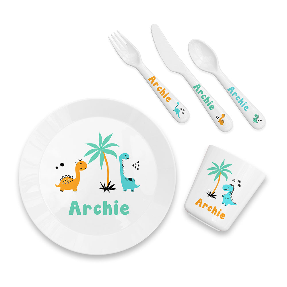 Personalised Kids Cute Dinosaur Plastic Dining Set: 5 - Tableware By Gift Moments