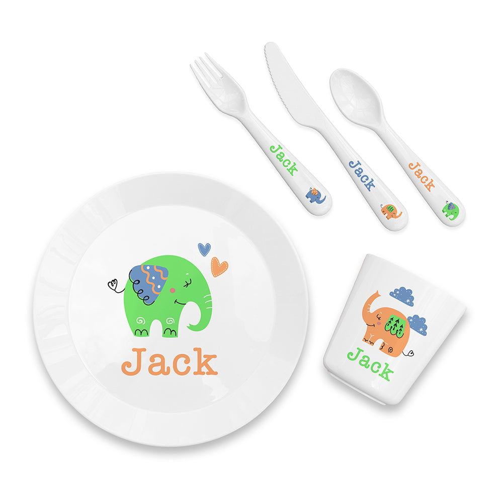 Personalised Kids Elephant Plastic Dining Set: 5 - Tableware By Gift Moments
