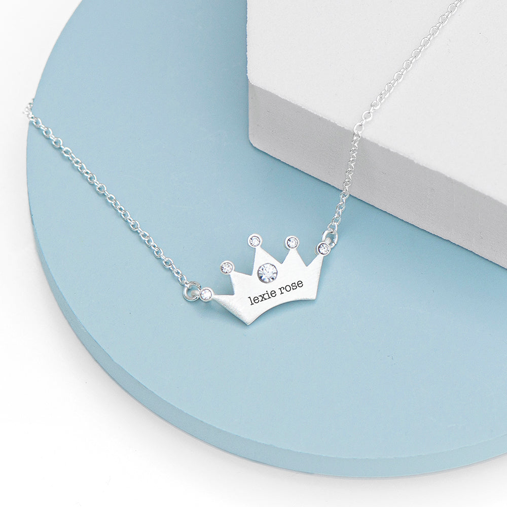 Personalised Kids Princess Crown Necklace with Crystal Detail: 6 - Silver - Necklaces By Gift Moments