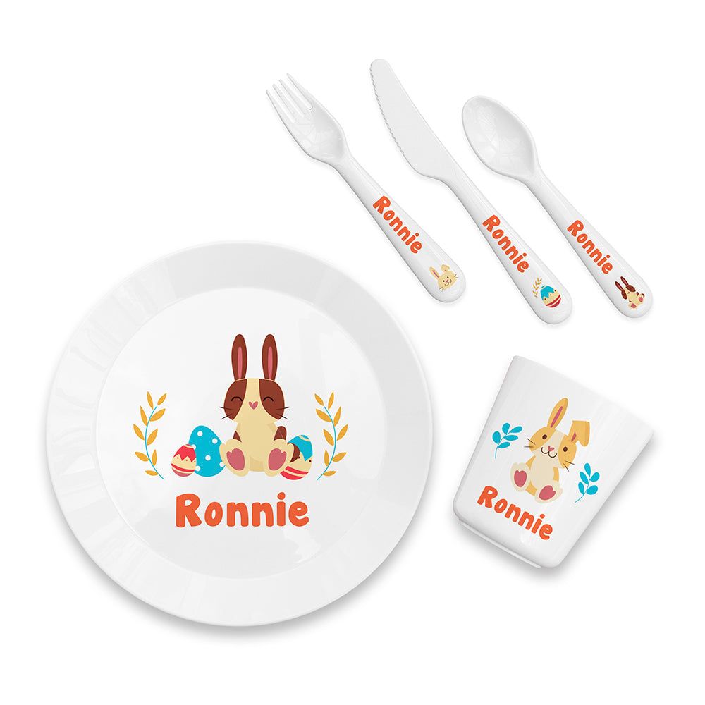 Personalised Kids Spring Bunny Plastic Dining Set: 5 - Tableware By Gift Moments