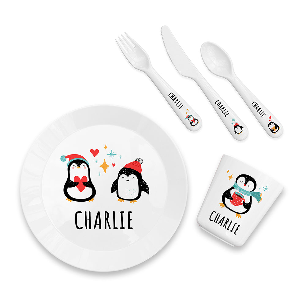 Personalised Kids Winter Penguin Plastic Dining Set: 5 - Tableware By Gift Moments