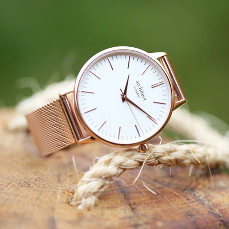 Personalised Ladies Architēct Blanc Watch Rose Gold Mesh: 1 - Watches By Architect Watches