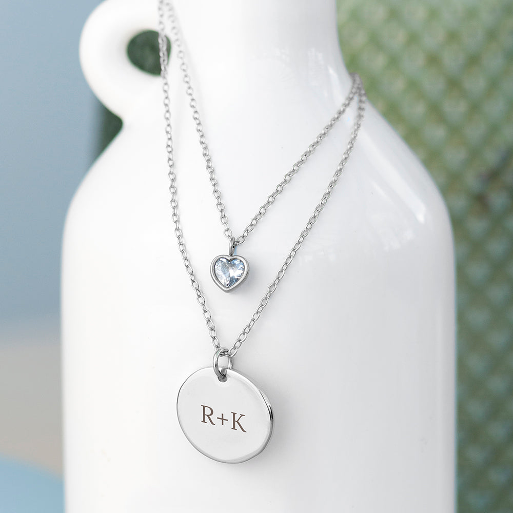 Personalised Layered Crystal Heart and Disc Necklace Set: 2 - Silver - Necklaces By Gift Moments