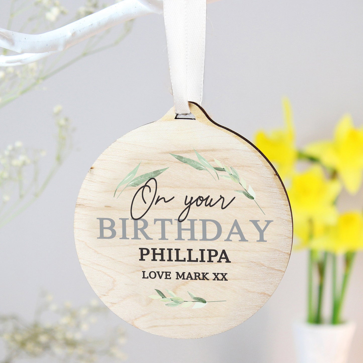 Personalised Leaf Decor Round Wooden Decoration: 4 - Decorations By Gift Moments