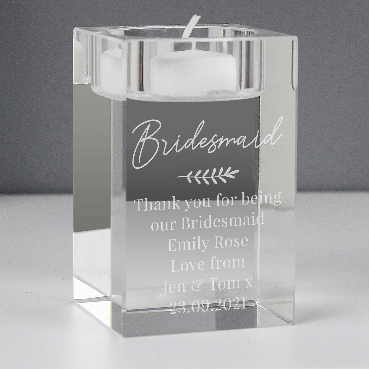 Personalised Leaf Free Text Glass Tea Light Holder: 8 - Candle Holders By Gift Moments