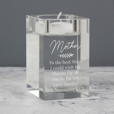 Personalised Leaf Free Text Glass Tea Light Holder: 5 - Candle Holders By Gift Moments