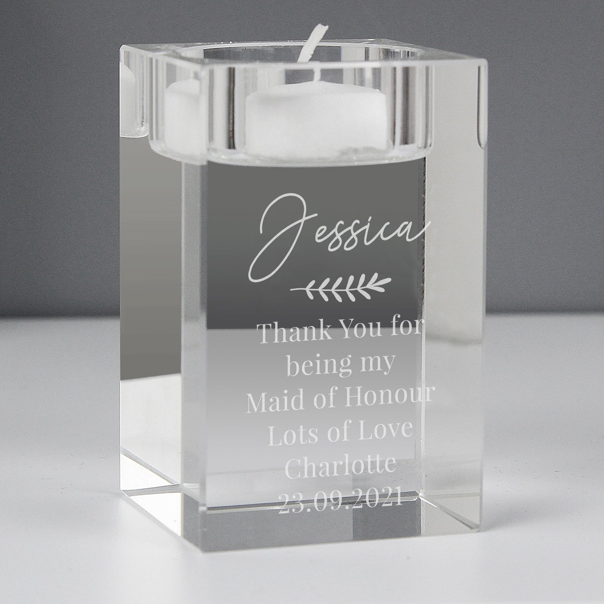 Personalised Leaf Free Text Glass Tea Light Holder: 1 - Candle Holders By Gift Moments