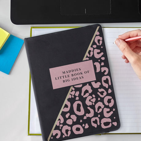 Personalised Leopard Print Black Hardback Notebook: 3 - Notebooks By Gift Moments