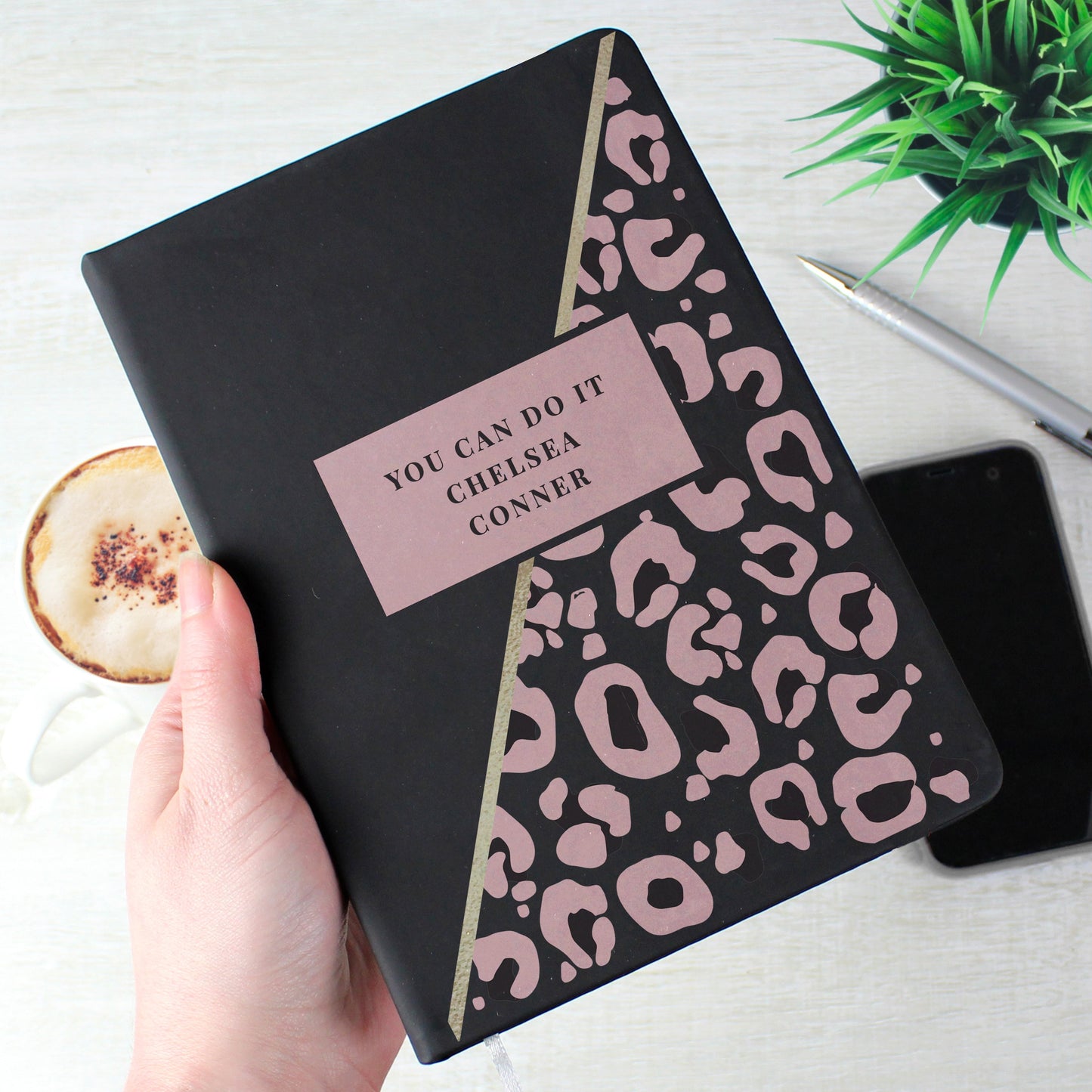 Personalised Leopard Print Black Hardback Notebook: 1 - Notebooks By Gift Moments