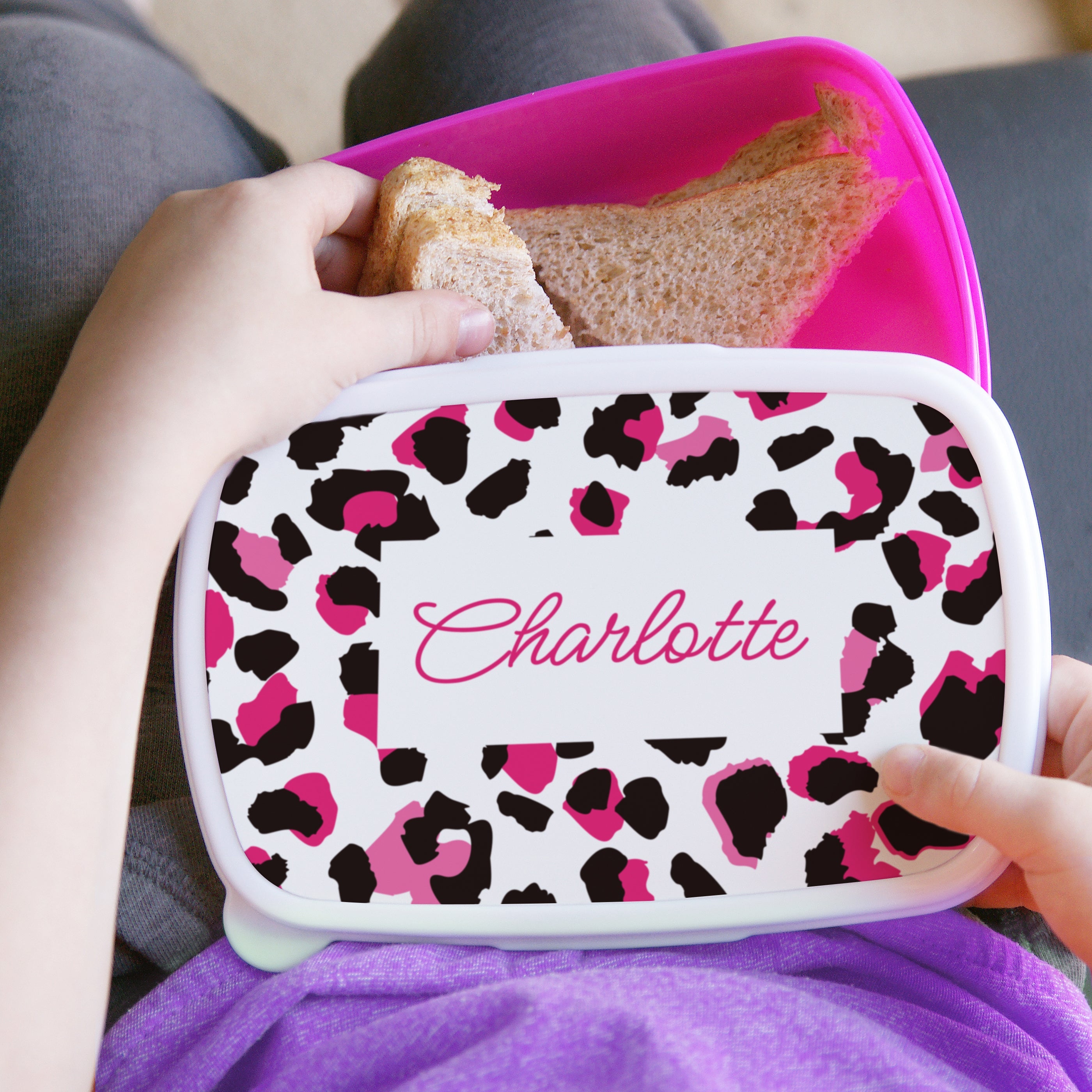 Personalised Leopard Print Name Only Pink Lunch Box - Shop Lunch Boxes & Bags At Gift Moments - 2