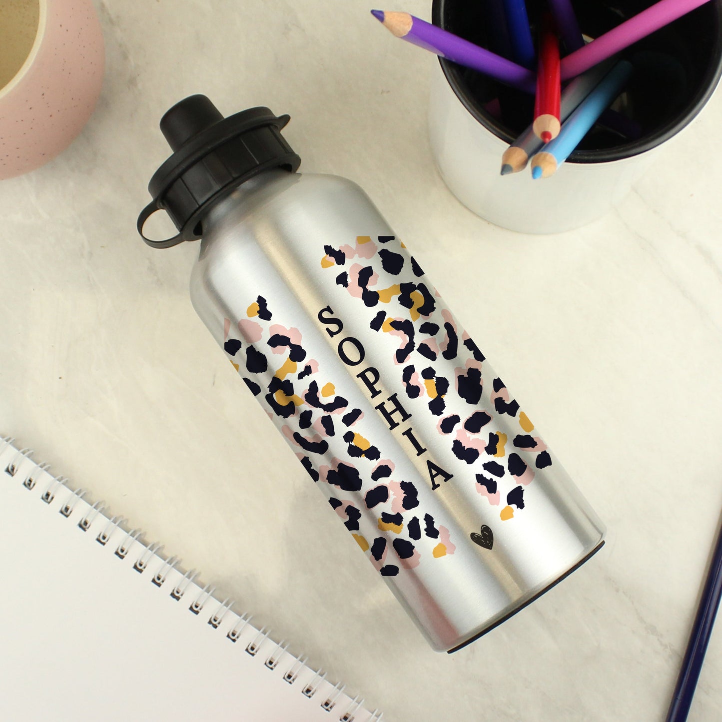 Personalised Leopard Print Silver Drinks Bottle: 3 - Kids Bottles By Gift Moments
