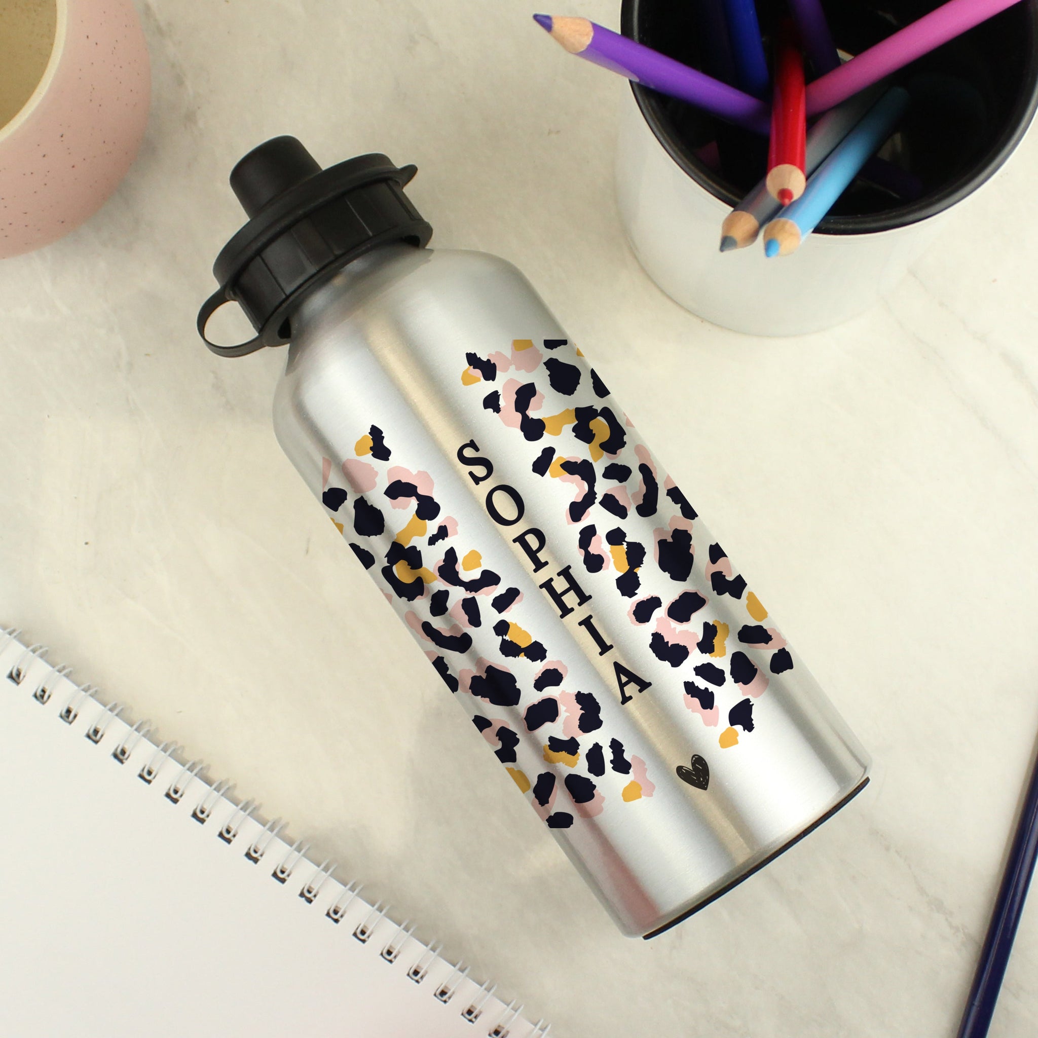Personalised Leopard Print Silver Drinks Bottle: 3 - Kids Bottles By Gift Moments