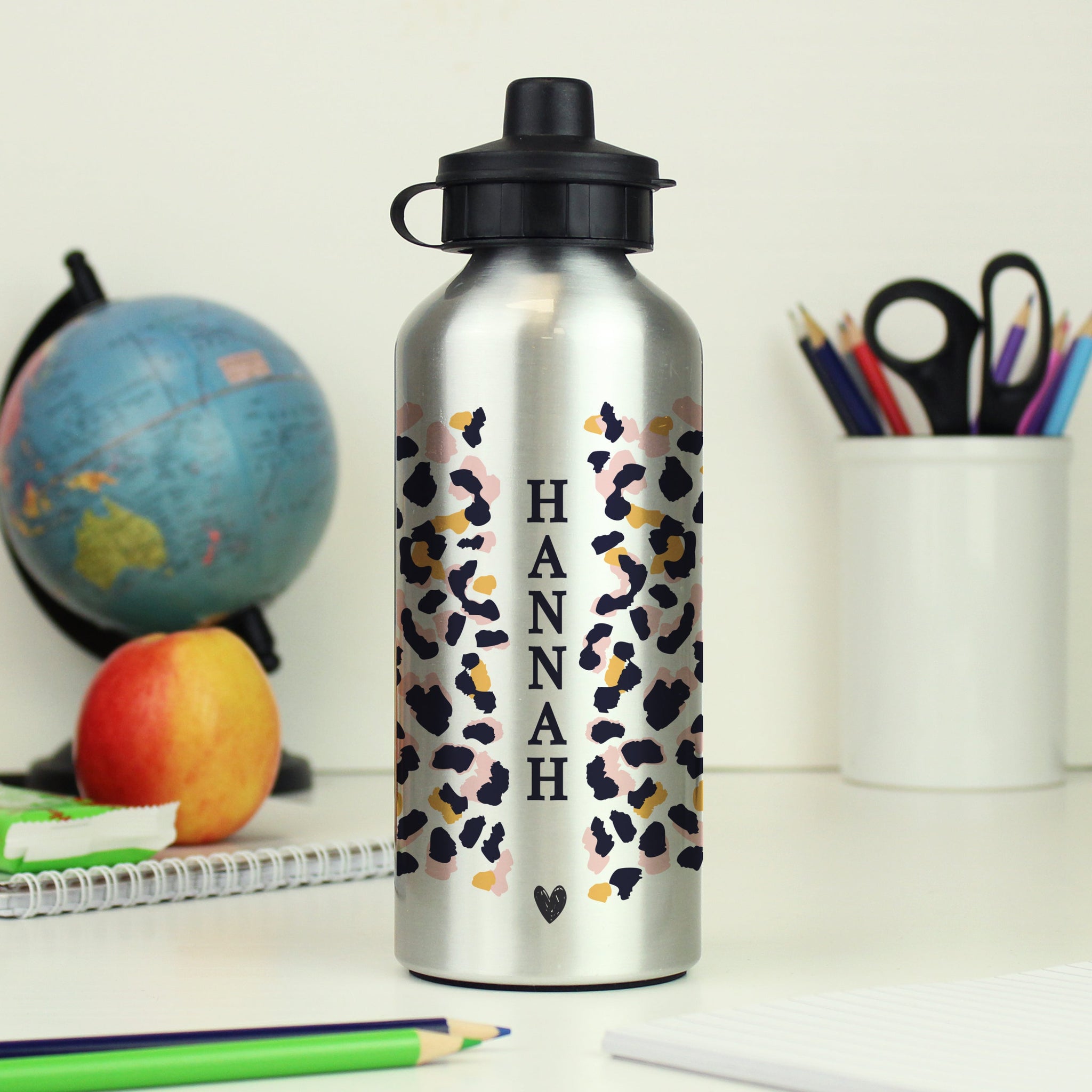 Personalised Leopard Print Silver Drinks Bottle: 1 - Kids Bottles By Gift Moments