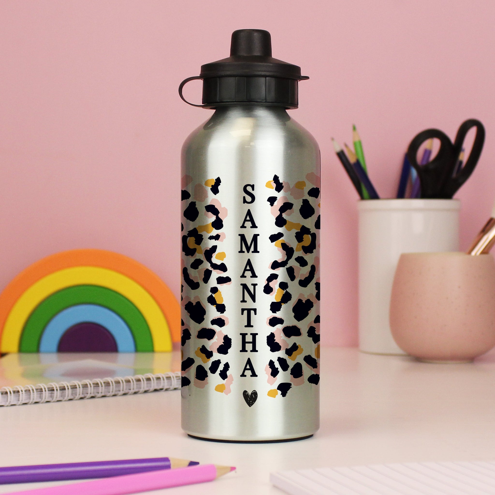 Personalised Leopard Print Silver Drinks Bottle: 2 - Kids Bottles By Gift Moments