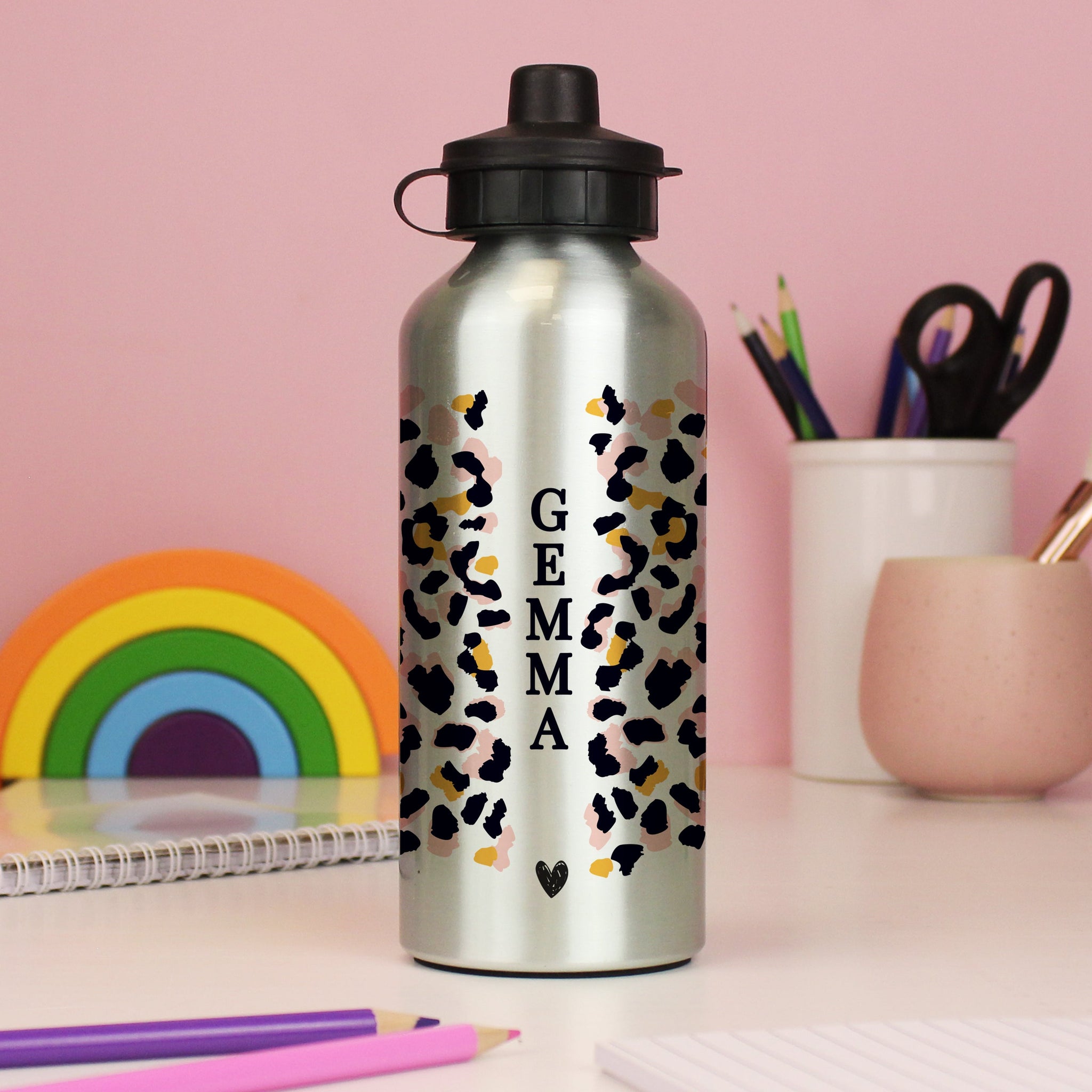 Personalised Leopard Print Silver Drinks Bottle: 4 - Kids Bottles By Gift Moments