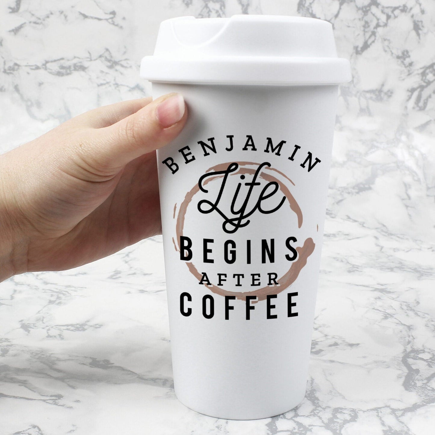 Personalised ’Life Begins After Coffee’ Insulated Reusable Eco Travel Cup: 1 - Travel Mugs By Gift Moments