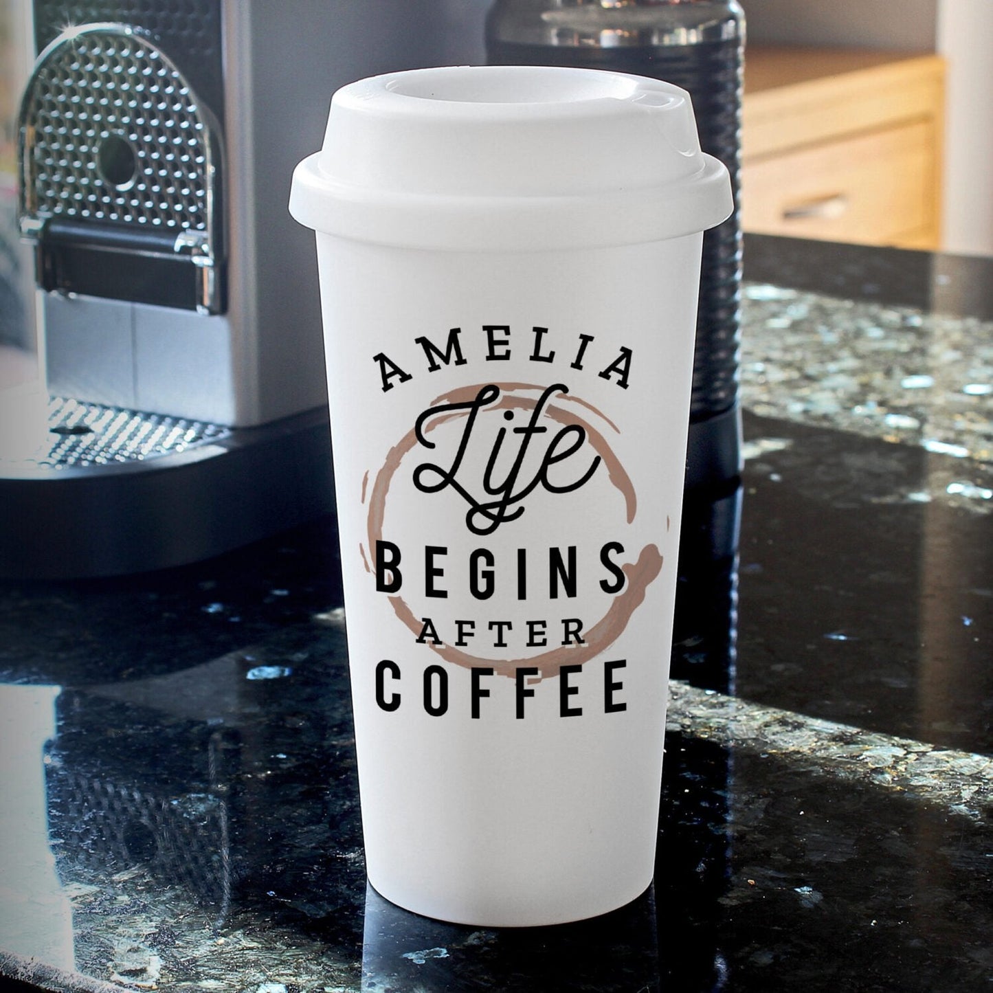 Personalised ’Life Begins After Coffee’ Insulated Reusable Eco Travel Cup: 2 - Travel Mugs By Gift Moments