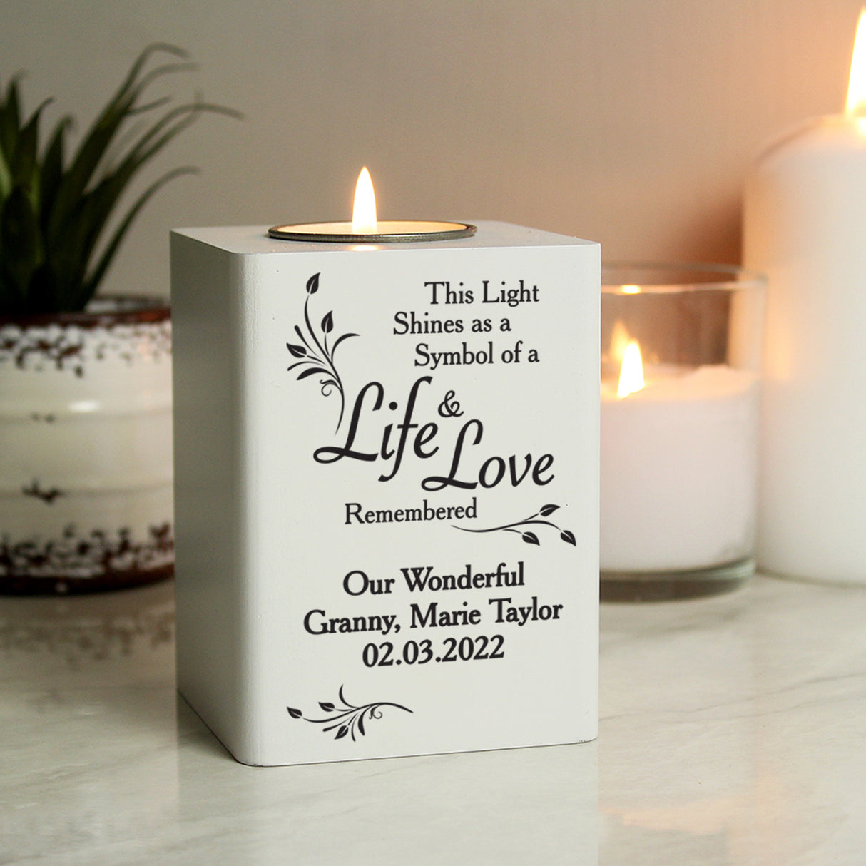 Personalised Life & Love White Wooden Tea Light Holder: 1 - Candle Holders By Gift Moments
