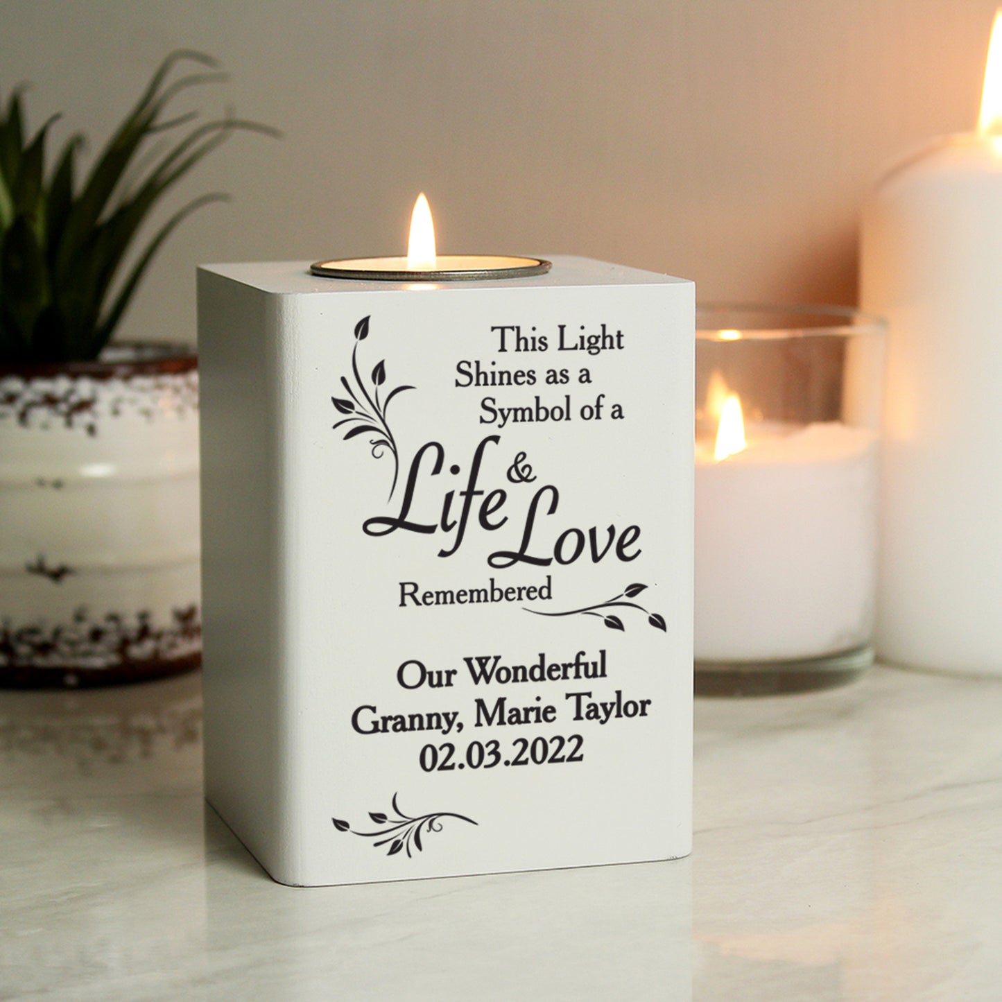 Personalised Life & Love White Wooden Tea Light Holder: 1 - Candle Holders By Gift Moments