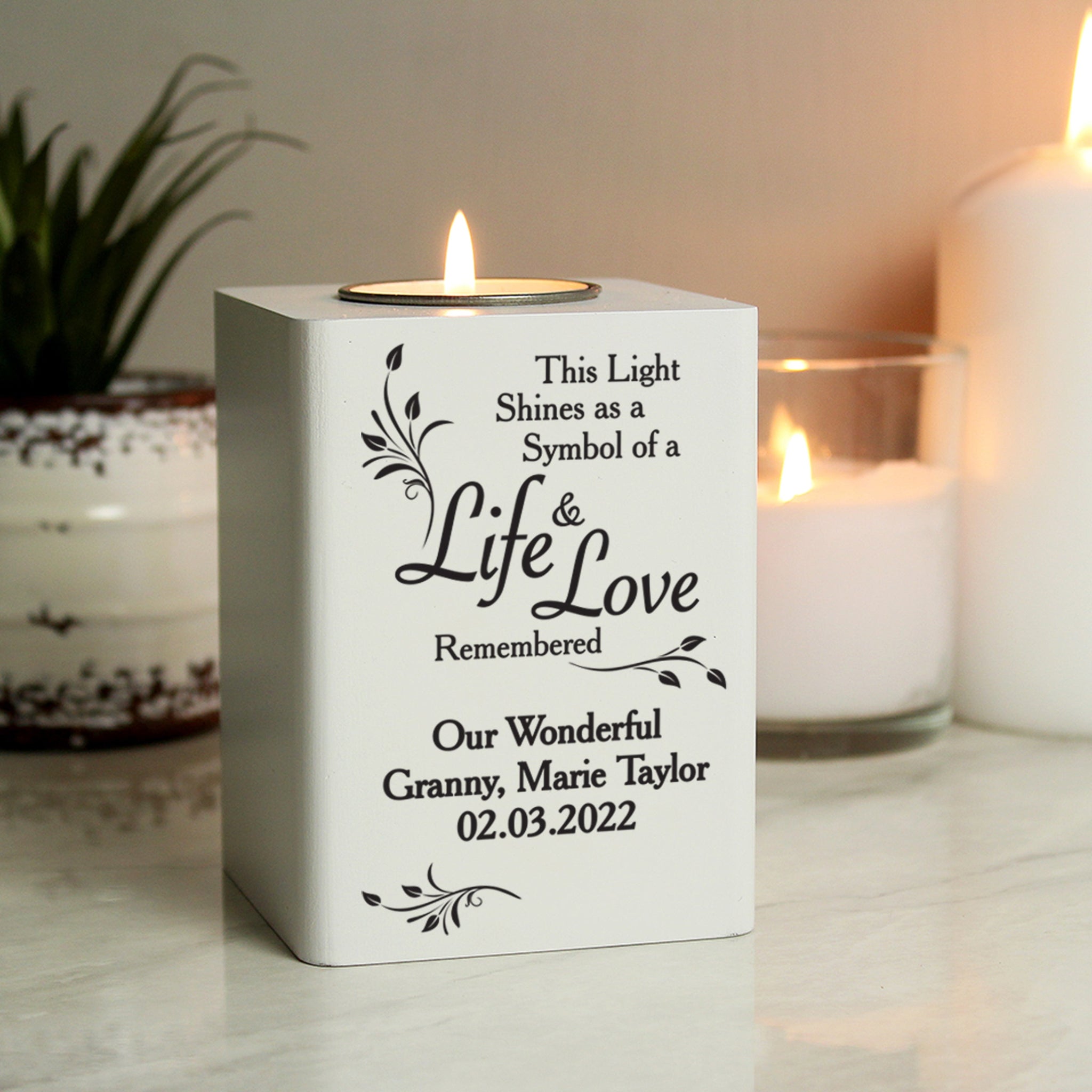 Personalised Life & Love White Wooden Tea Light Holder: 1 - Candle Holders By Gift Moments