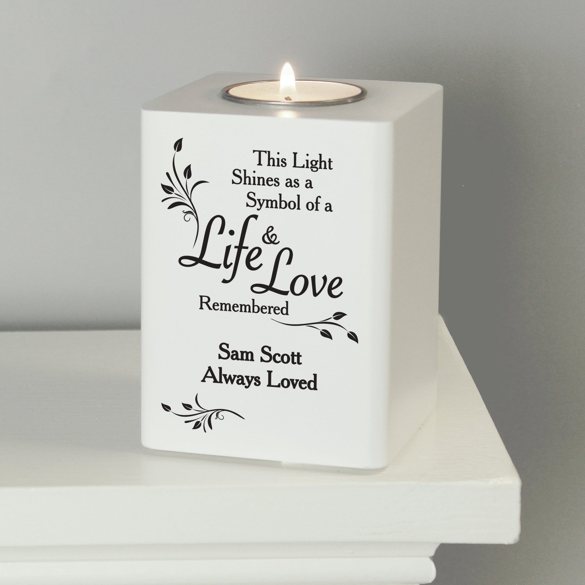 Personalised Life & Love White Wooden Tea Light Holder: 5 - Candle Holders By Gift Moments