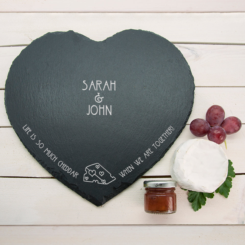Personalised ’Life is So Much Cheddar’ Heart Slate Cheese Board: 2 - Cheese Boards By Gift Moments